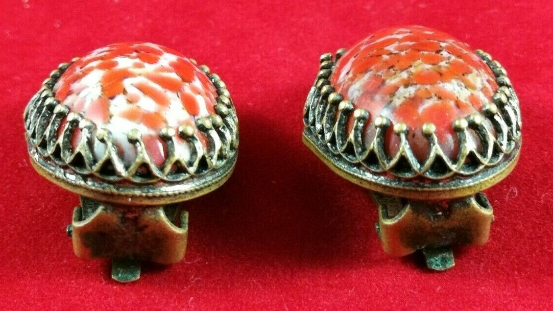 Vintage Czech Earrings Red Art Deco Glass Crystals Bohemian Art Glass Cabochon