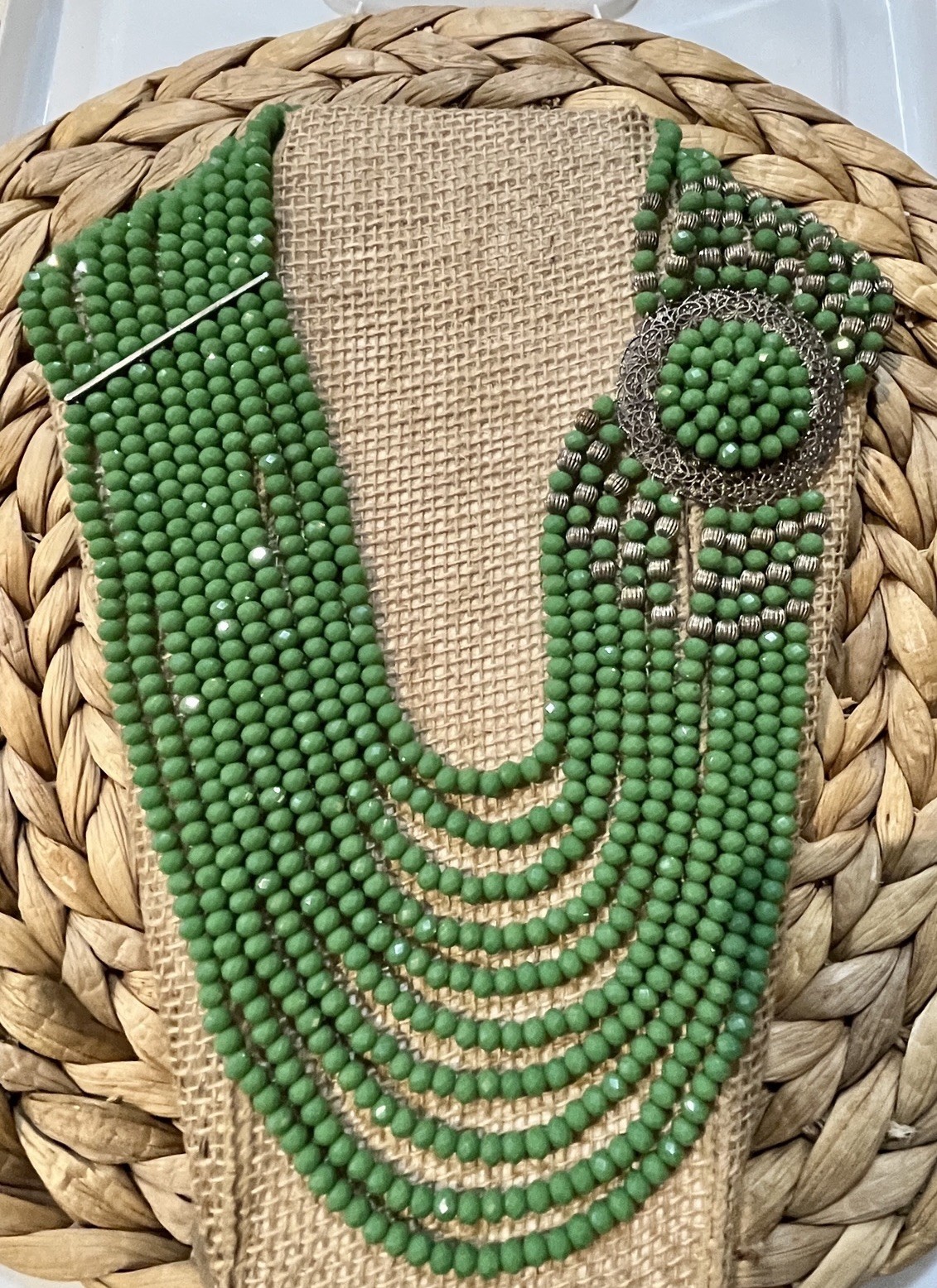Vintage Beaded Necklace 16in Green Beads Clasp Closure Multi-Strand Set