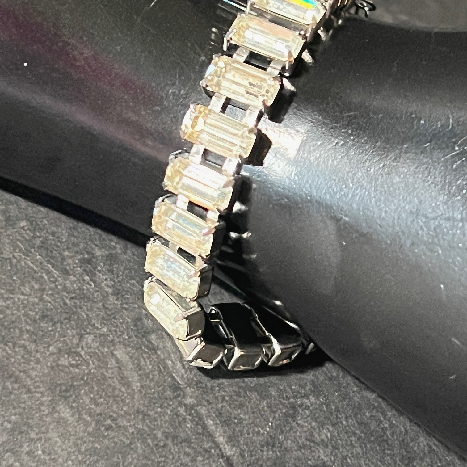 Vtg Wide Rhinestone Tennis Bracelet Box Clasp Safety Chain Octagon Cut Stones