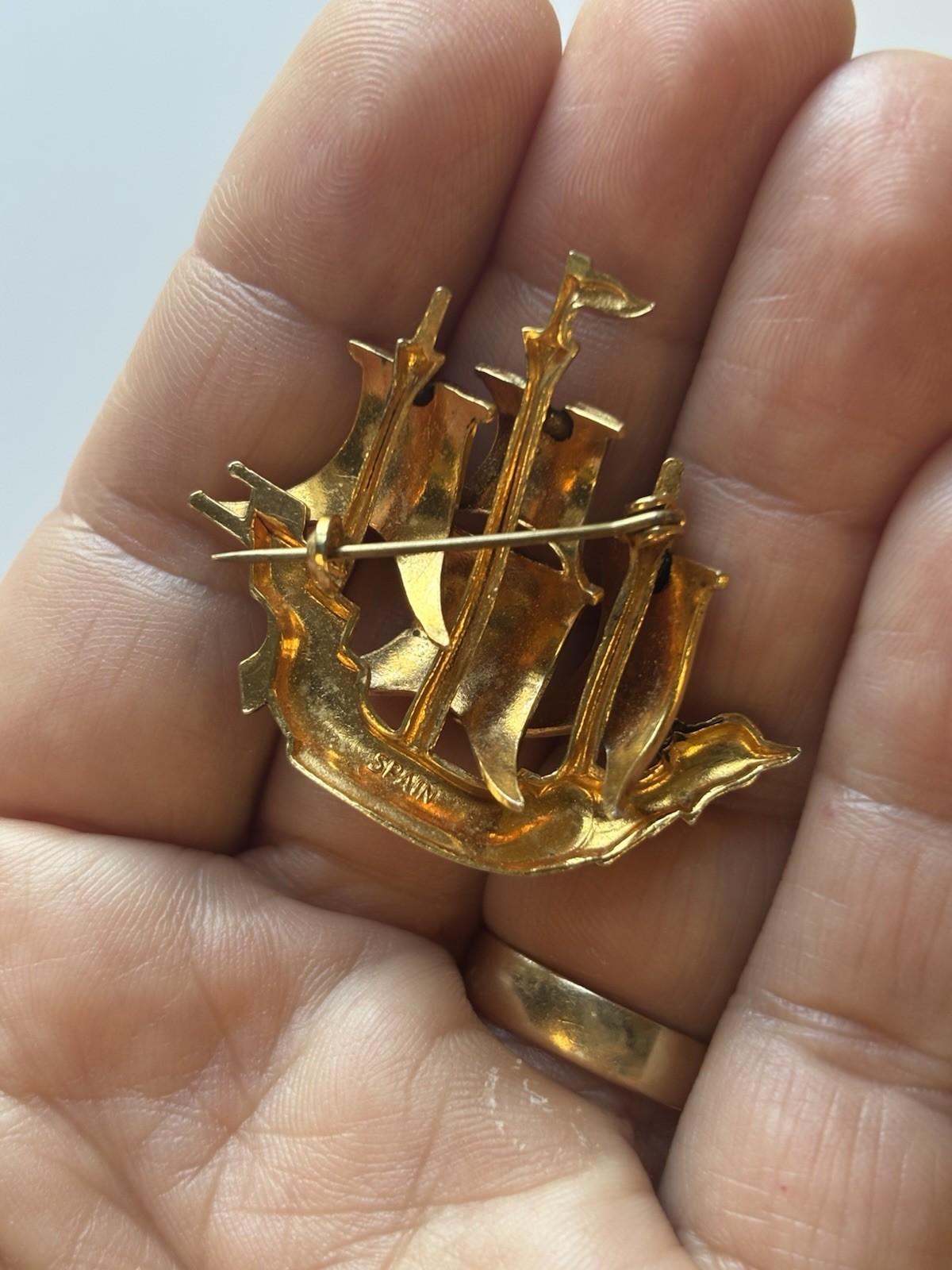 Vintage Damascene Ship Brooch Spanish Galleon Sailing Sail Boat Pin Spain