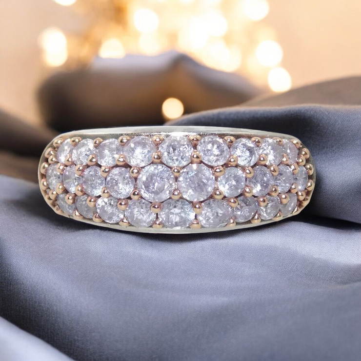 10K Gold Natural Pink Diamond Ring 1CTTW Cluster Band Row Ring Size 9 -4.2g