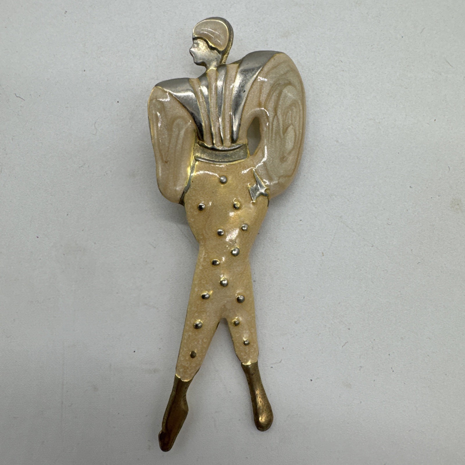 Gold-Tone Metal And Ivory Enamel Fashionista Woman Vintage Brooch 3 1/4” Long
