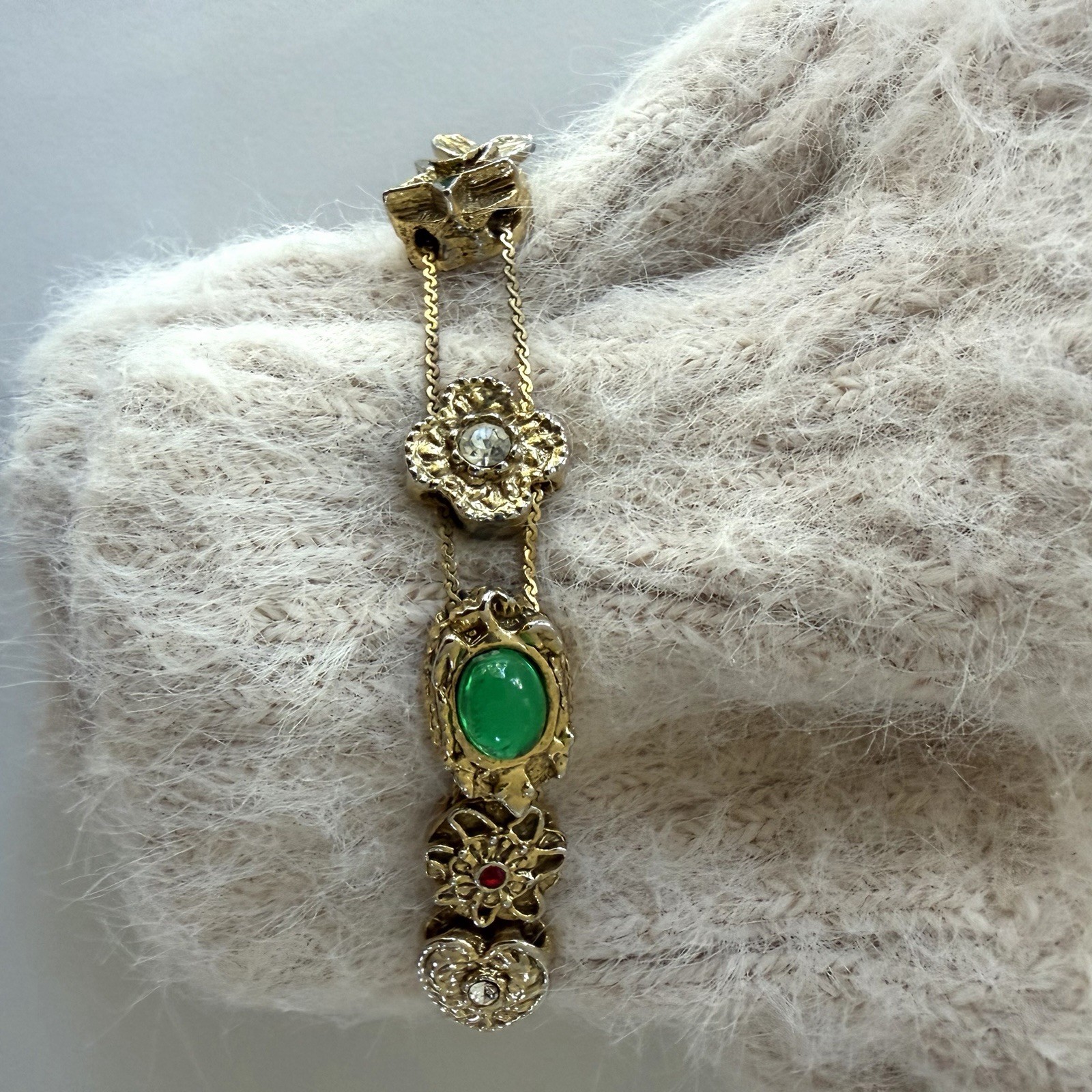 Vintage Victorian Revival Slide Charm Bracelet Goldtone, Unsigned