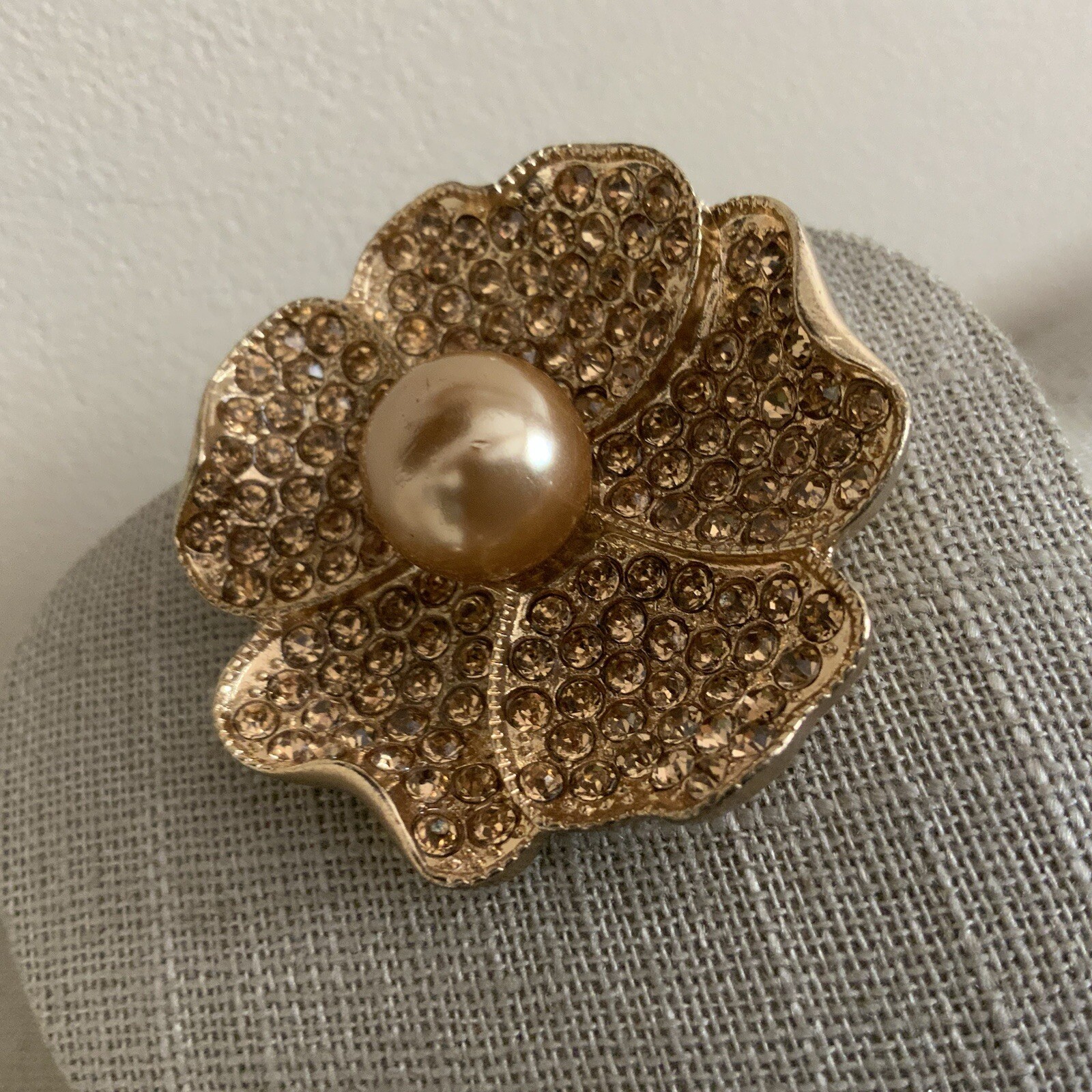 Monet Brown Rhinestone Holiday Poppy Flower Brooch In Gold Tone