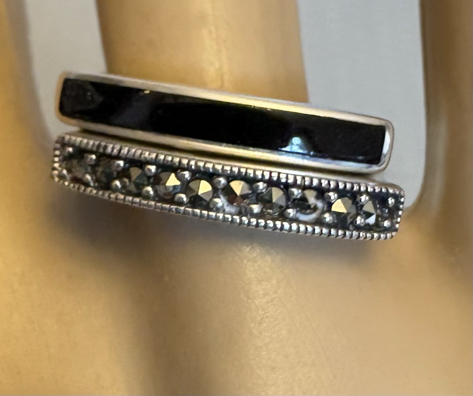 Pair Stackable Sterling Silver Band Rings Flat Top Marcasite Black Enamel size 8