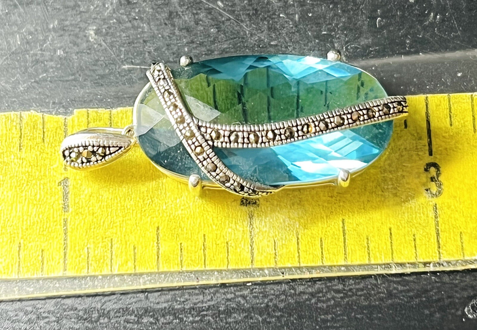 Necklace Blue Crystal Glass STERLING SILVER MARCASITE OVAL STONE NOS 1980’s