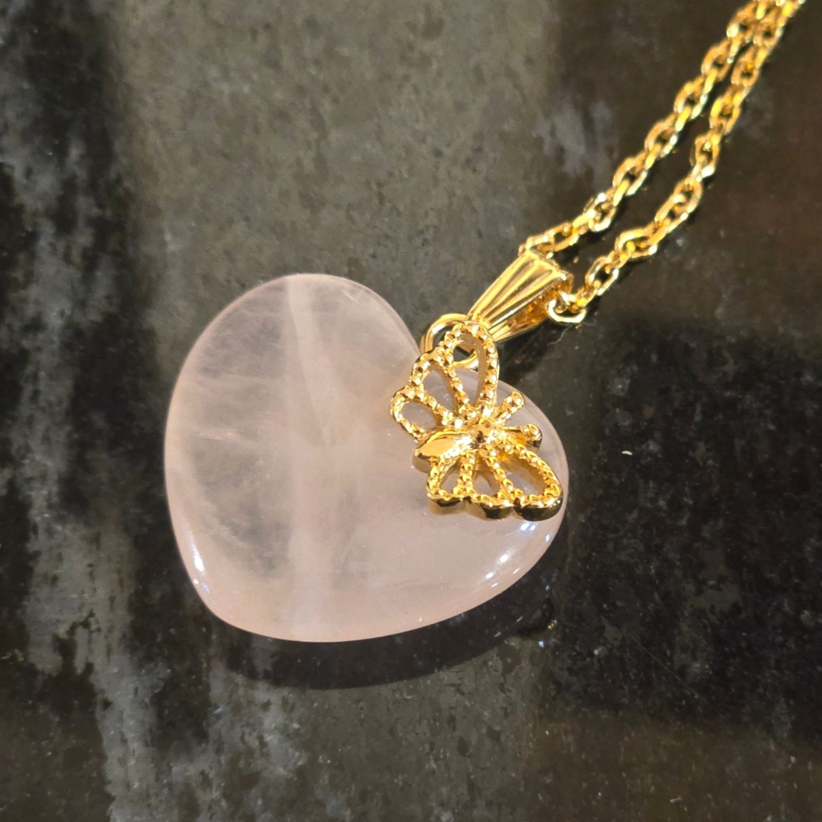 Vintage Avon Rose Quartz Heart Butterfly Pendant Necklace Gold Tone pink Gem