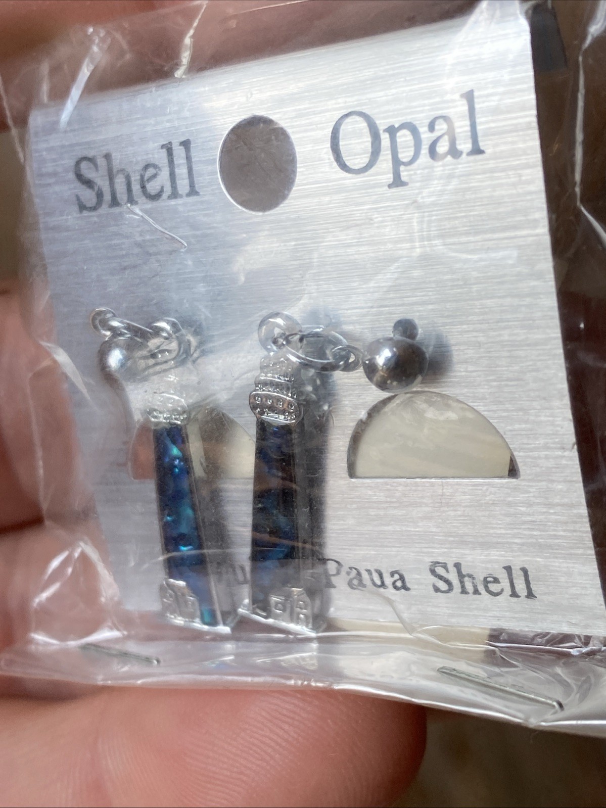 LIGHTHOUSE Blue Paua Shell Dangle Earrings Abalone Inlay Silver Tone Pierced NEW