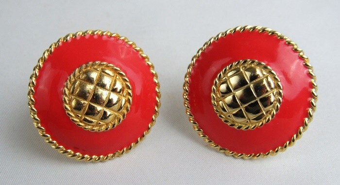 Vintage Gay Boyer Red Coral Enamel Gold Metal Braided Trim Clip Earrings – NICE!