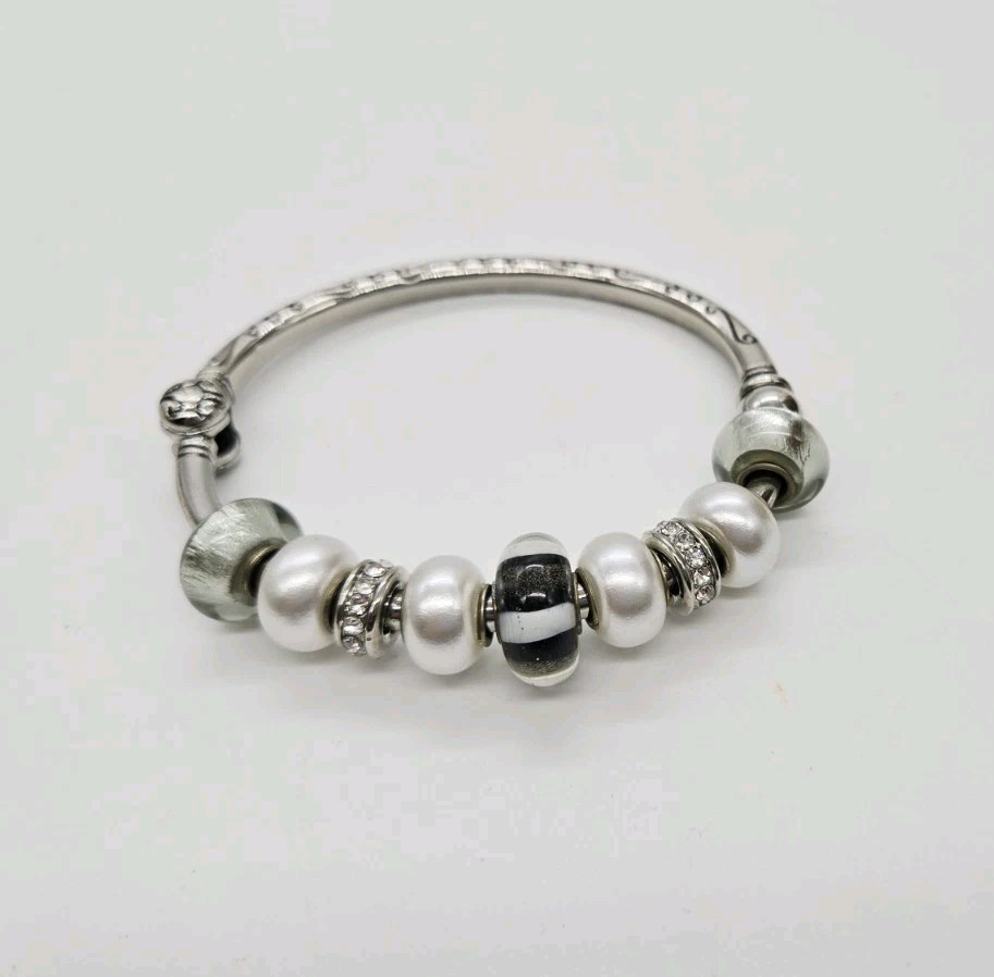 Hinged Bangle bracelet Silver tone Add a Bead One Size OSFM 9 beads