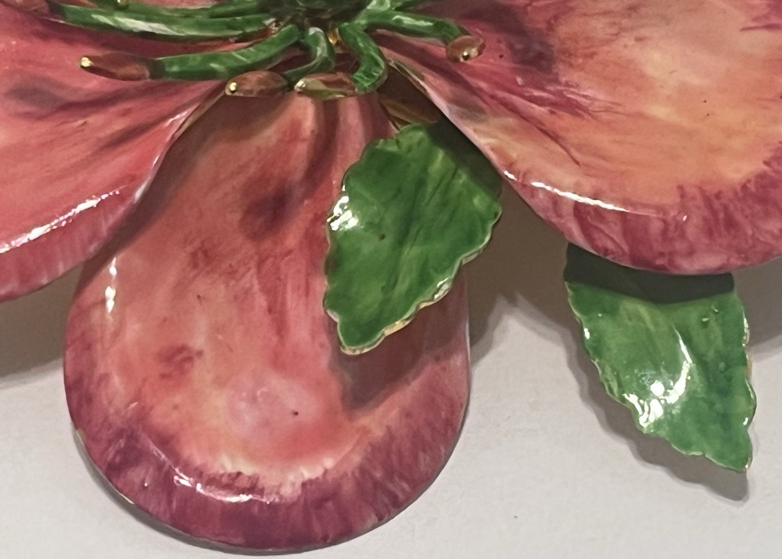 Vtg Hattie Carnegie Enamel Flower Brooch W/ 3D Pink Petals And Green Pistils