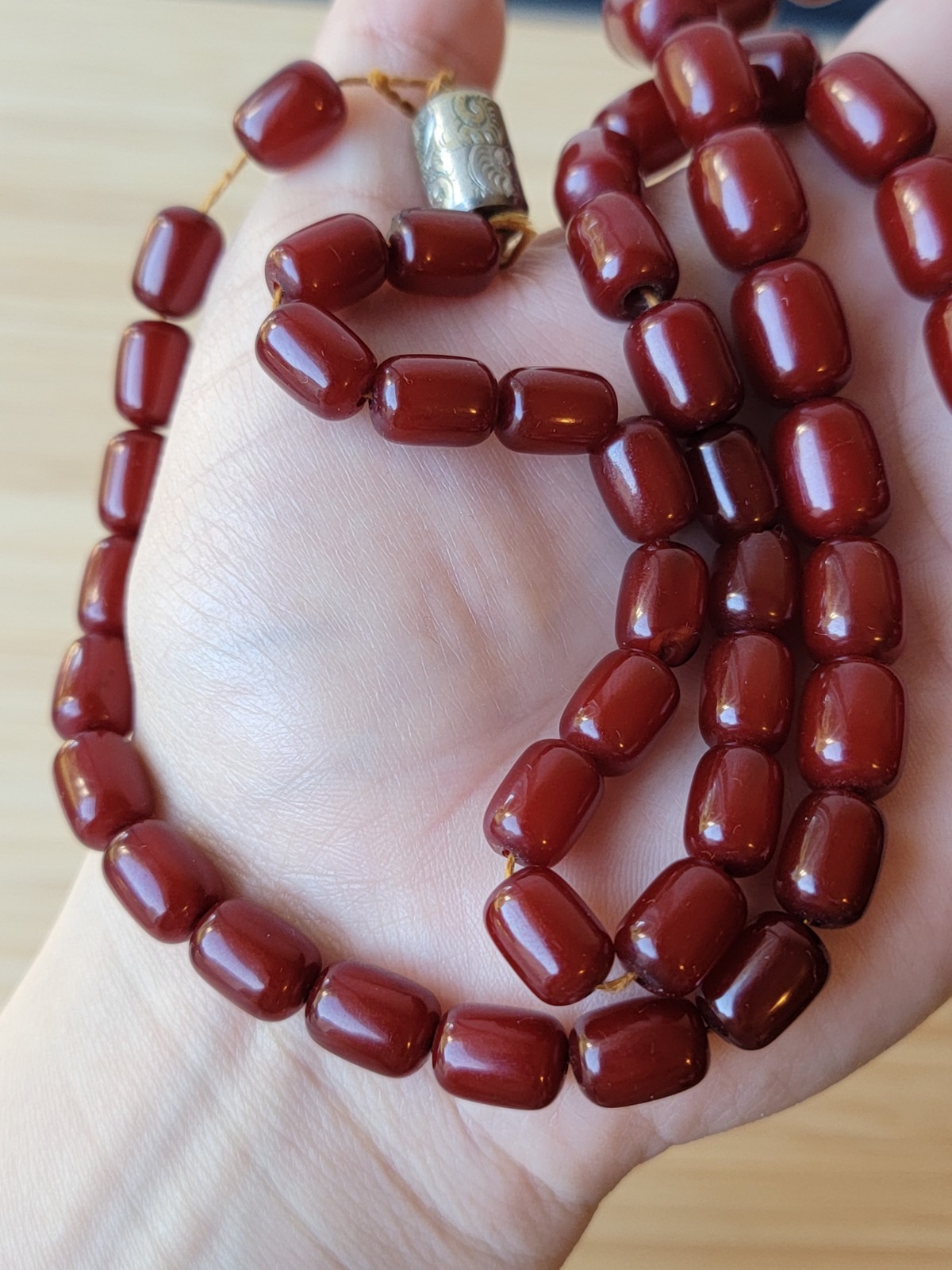 Cherry Amber Bakelite Barrel Prayer Bead Necklace – 76 Grams