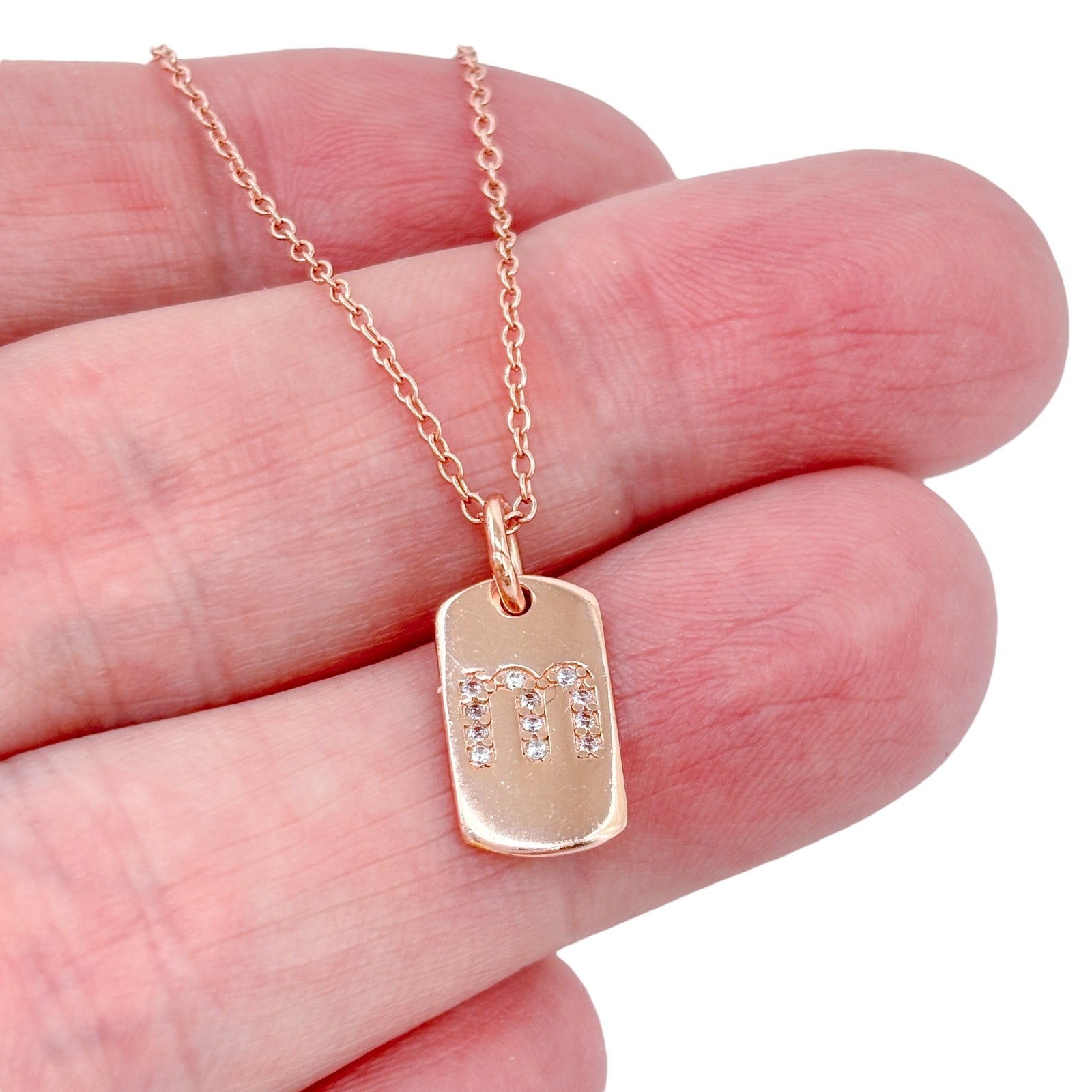 Cubic Zirconia Rose Gold-Plate “M” Dog Tag Necklace | 18″