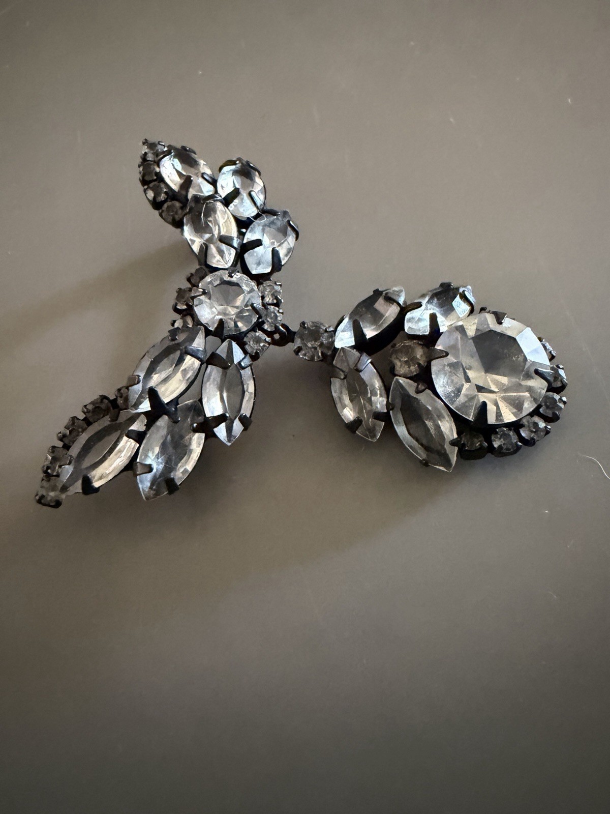 Vintage Rhinestone Gun Metal Pendant Drop Brooch 1.5” X 2”