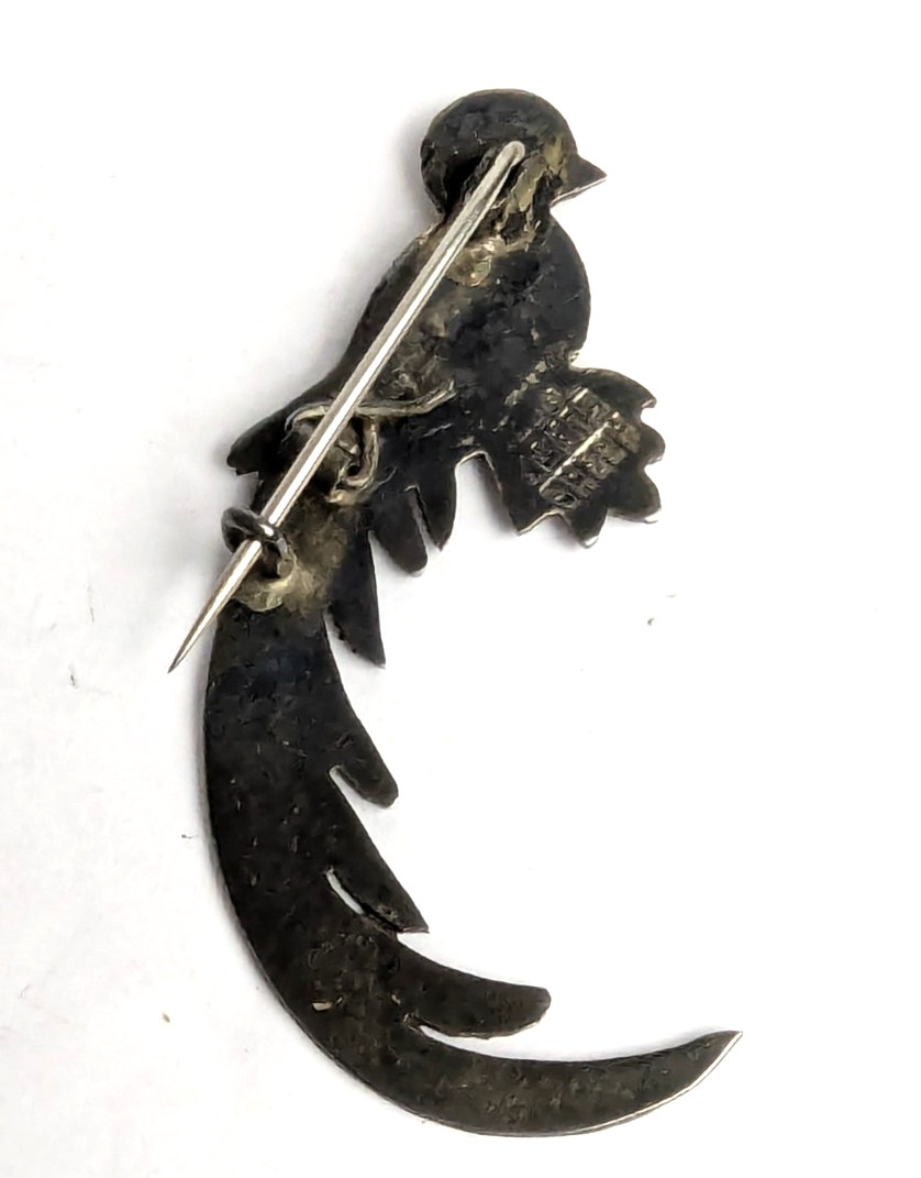Vintage Guatemala Quetzal Bird 900 Sterling Silver Pin Brooch Hand Etched 2″