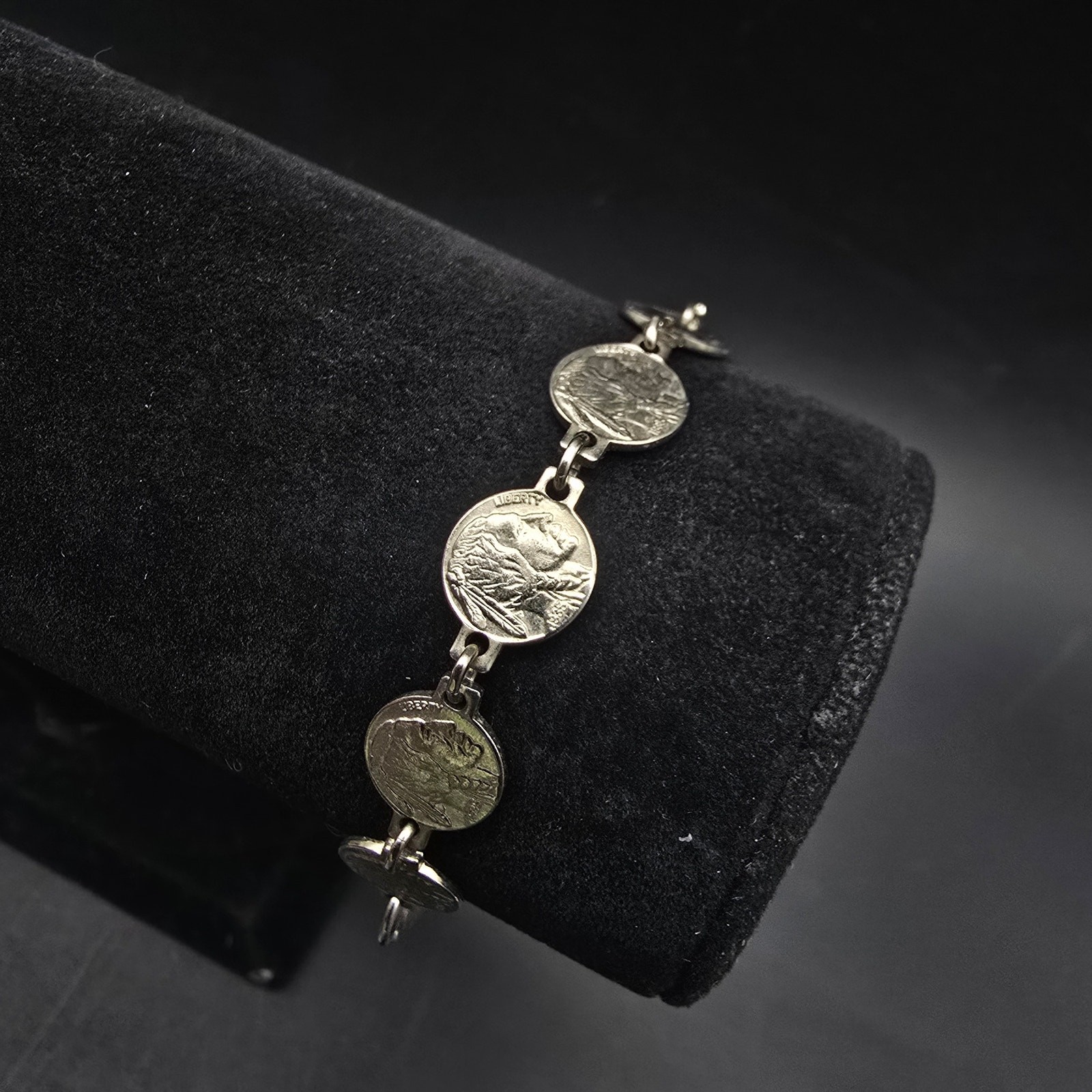 Vintage Faux Buffalo Nickel Coin Bracelet Silver Tone Currency Jewelry