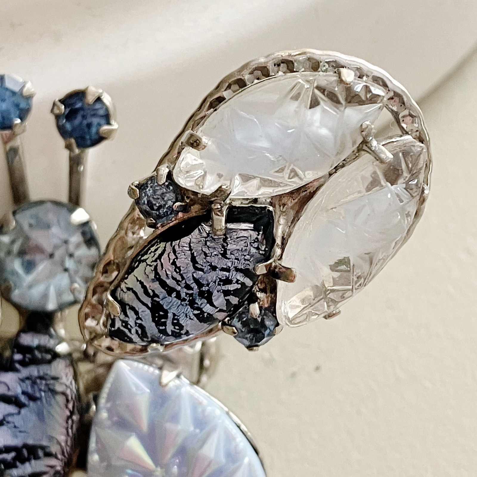 Vintage Butterfly Trembler Brooch Silver Filigree Foil Glass Stones Molded Art