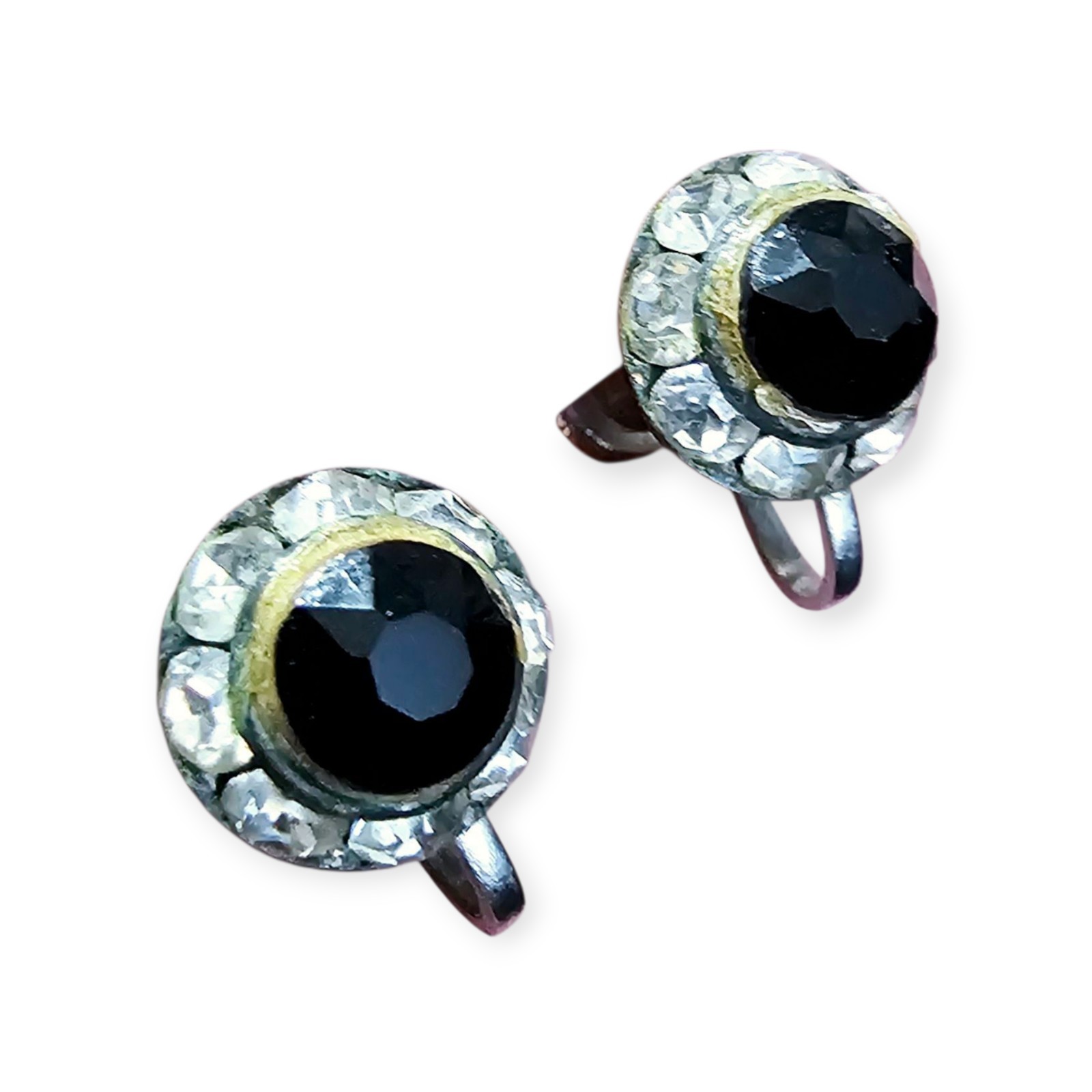 Vintage Clear Rhinestone Black Faceted Stone Screw Back Stud EARRINGS Silvertone