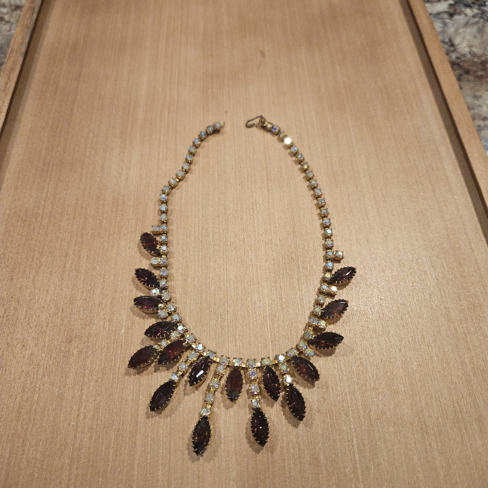 Vintage Garnet Drippy Bib Necklace Aurora Borealis Crystal Valentine Runway
