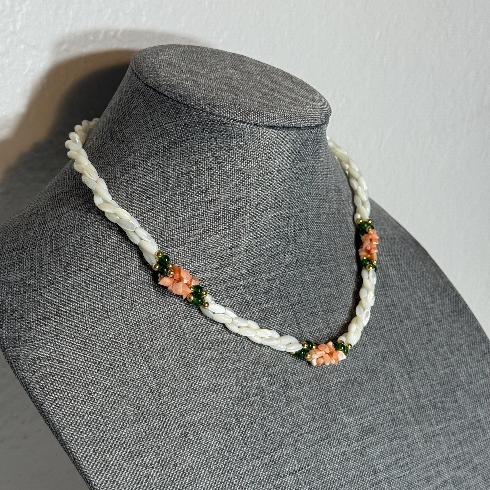 Vintage Mother of Pearl Beaded Necklace Coral Green Accents Fish Hook Clasp