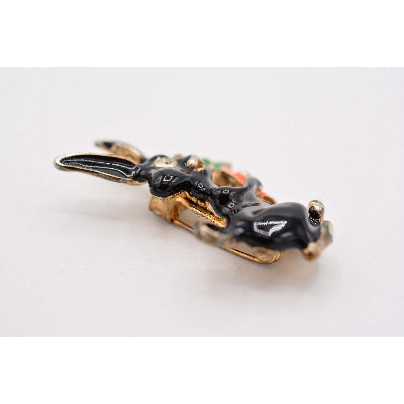 Vintage Rabbit Pin Brooch Black Bunny Enamel Carrot Small Cute Tiny BinAL