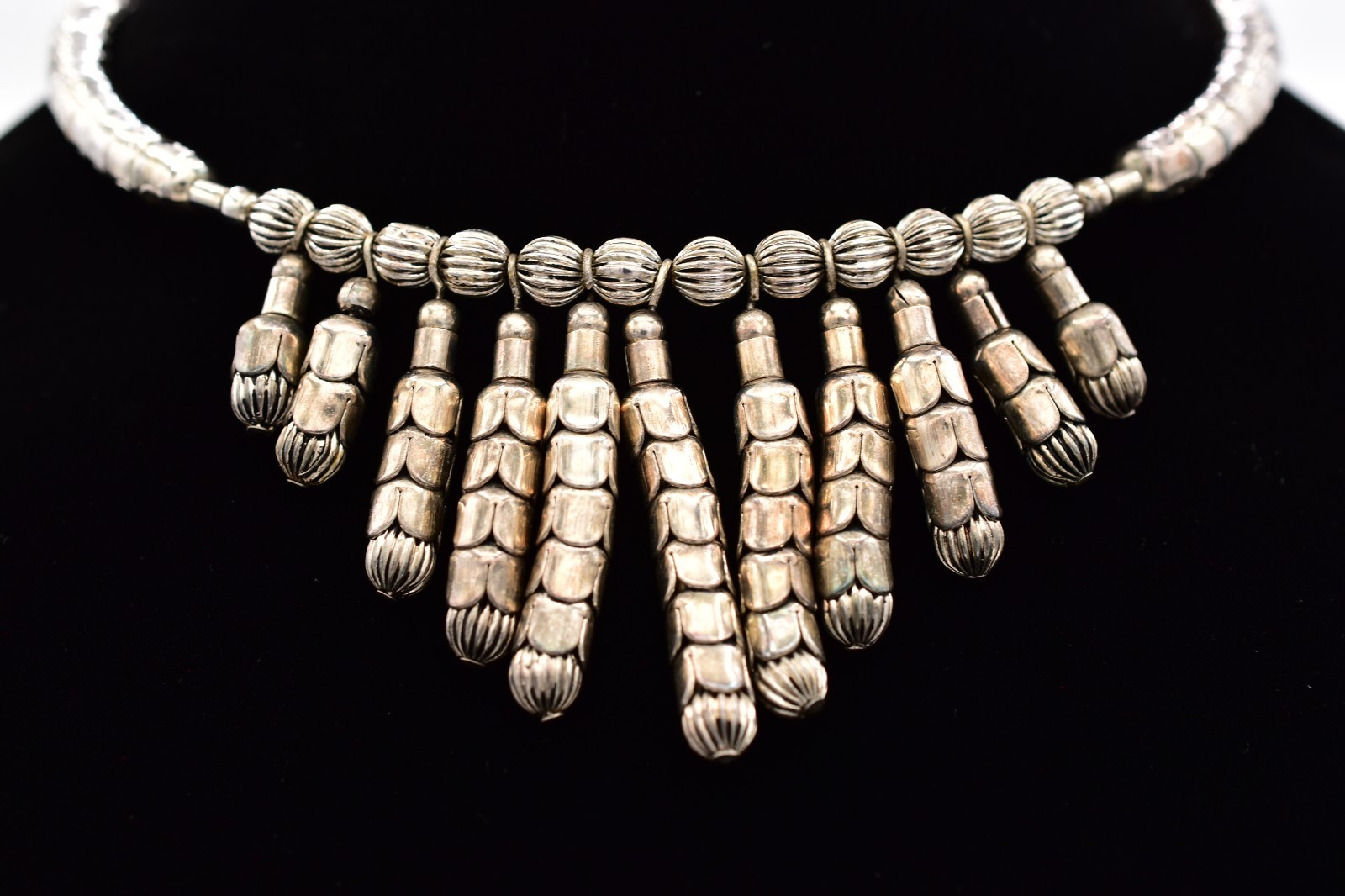 Vintage Silver Choker Fringe Statement Necklace Tribal Dangle Bib 1970s Bin3B