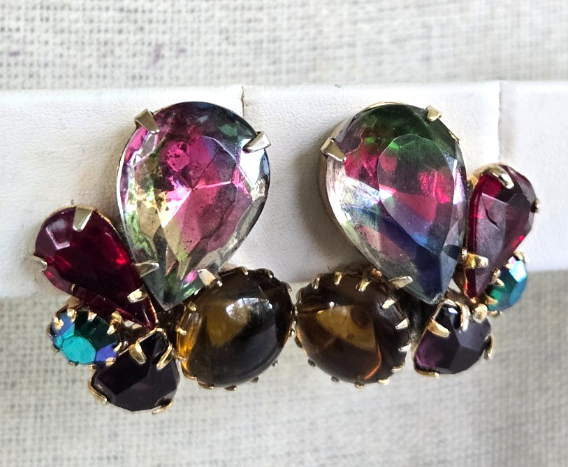Vintage Multi Color Watermelon Iridescent Cluster Gold Tone Clip Earrings 1-1/16