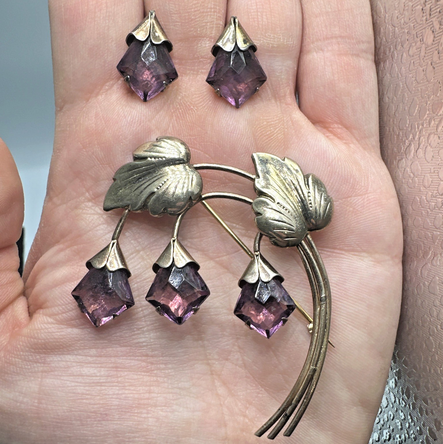 Vtg Sterling Silver Gold Vermeil Purple Rhinestone Flower Brooch & Earrings Set