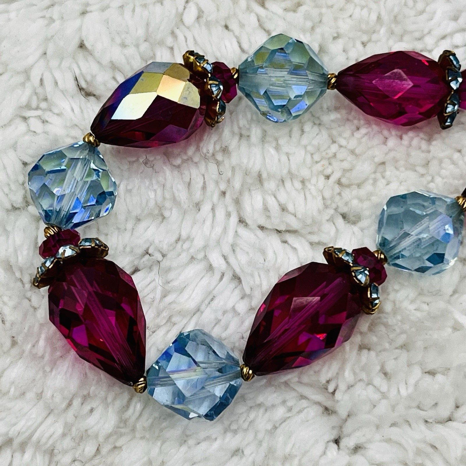 Vintage Vendome Necklace Blue Crystal Choker Iridescent Red AB Stones 16″
