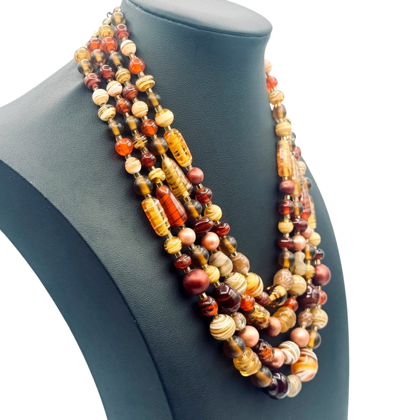 Vintage Multi-Strand Glass Bead Bib Necklace Handmade Lampwork Fall Colors