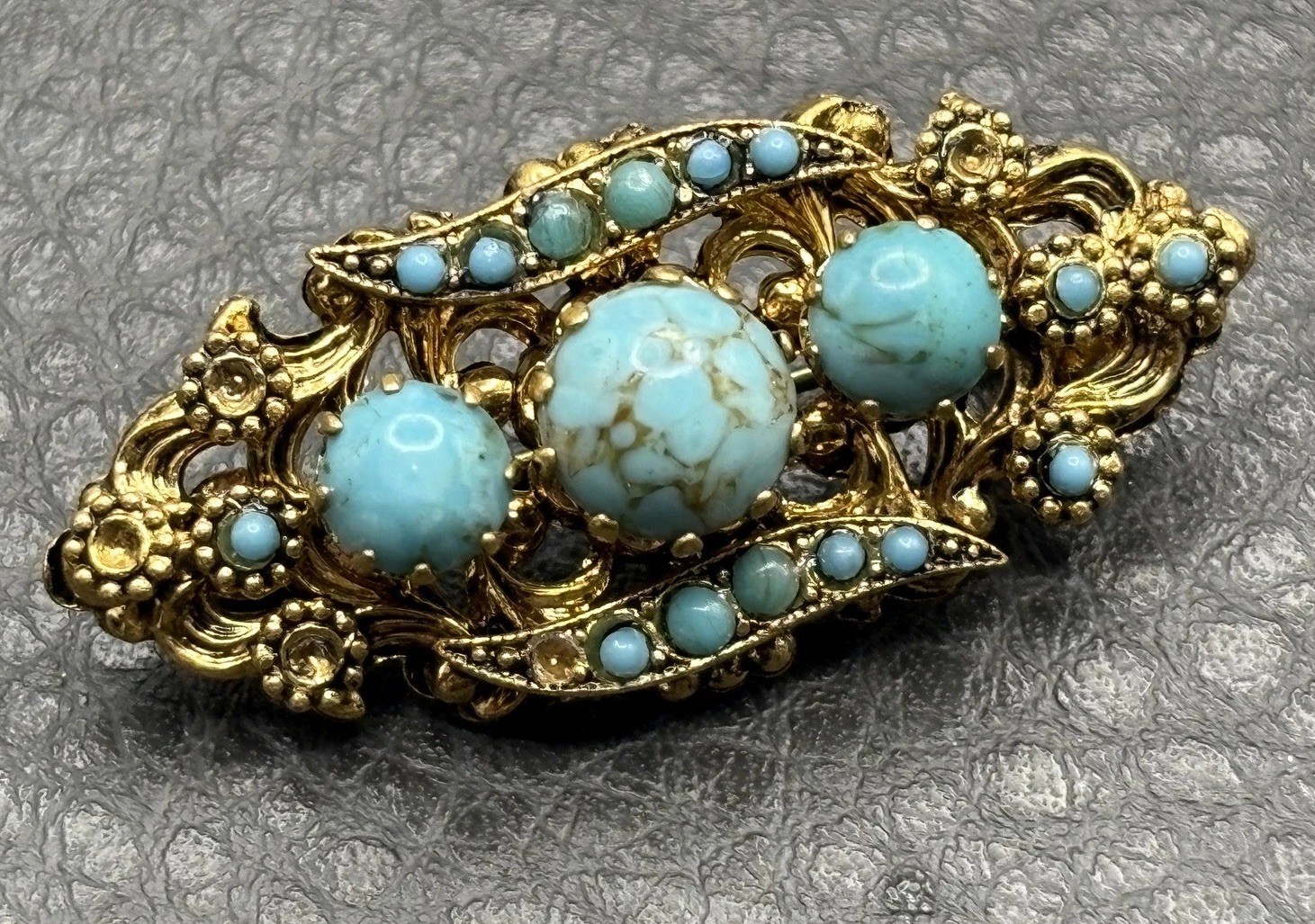 Vintage Victorian Revival Brooch Faux Turquoise Glass Cabochon Pin Ornate READ