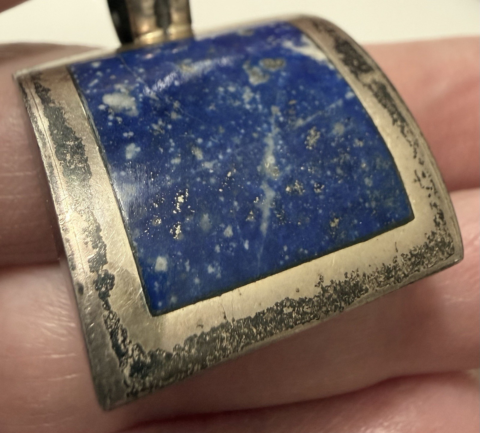 Vintage CHILE 980 Silver Domed Square Lapis Lazuli Pendant Stud Earrings Set 17g