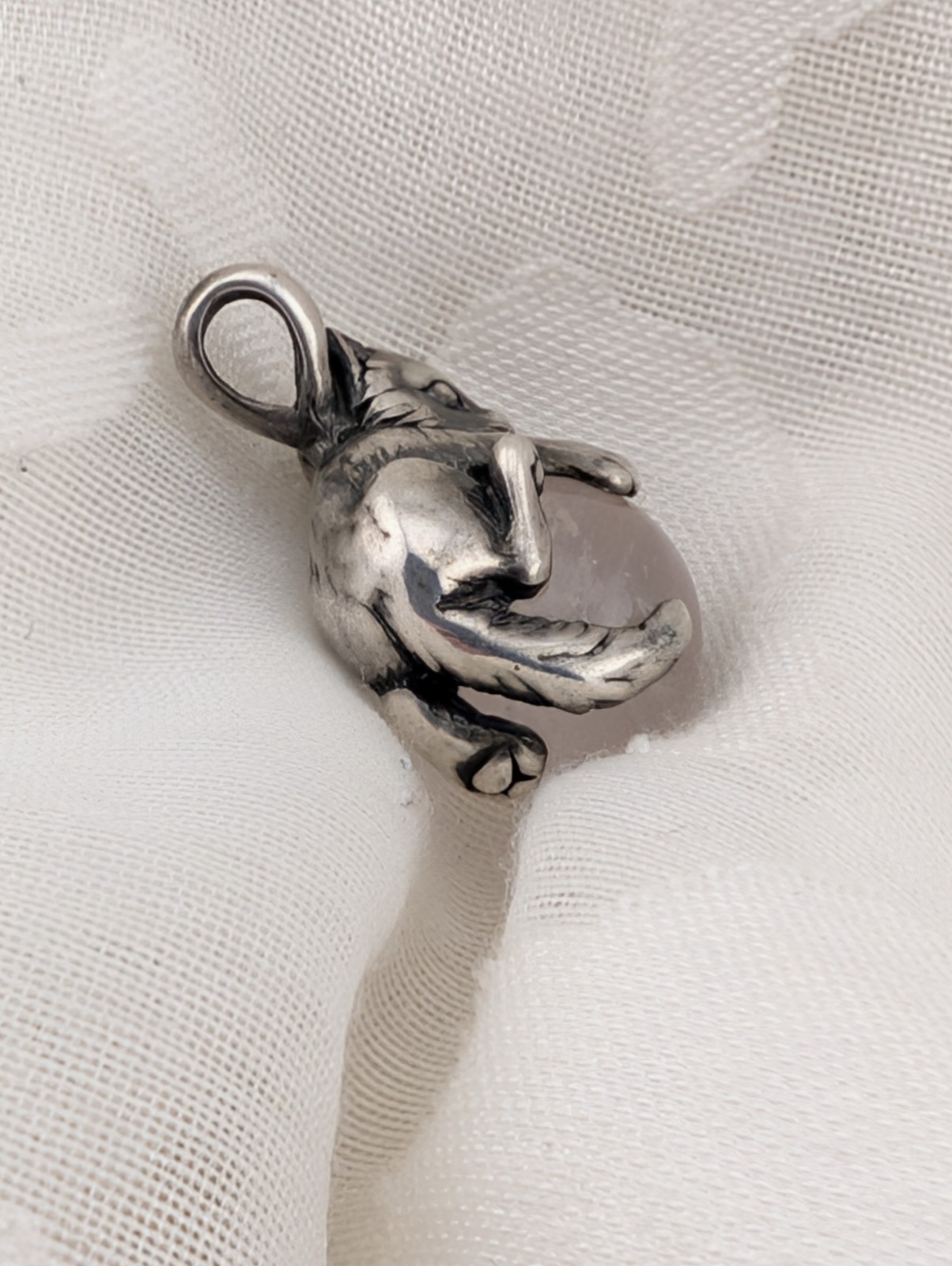 Vintage Sterling Silver Cat Rose Quartz Orb Ball Pendant 1″