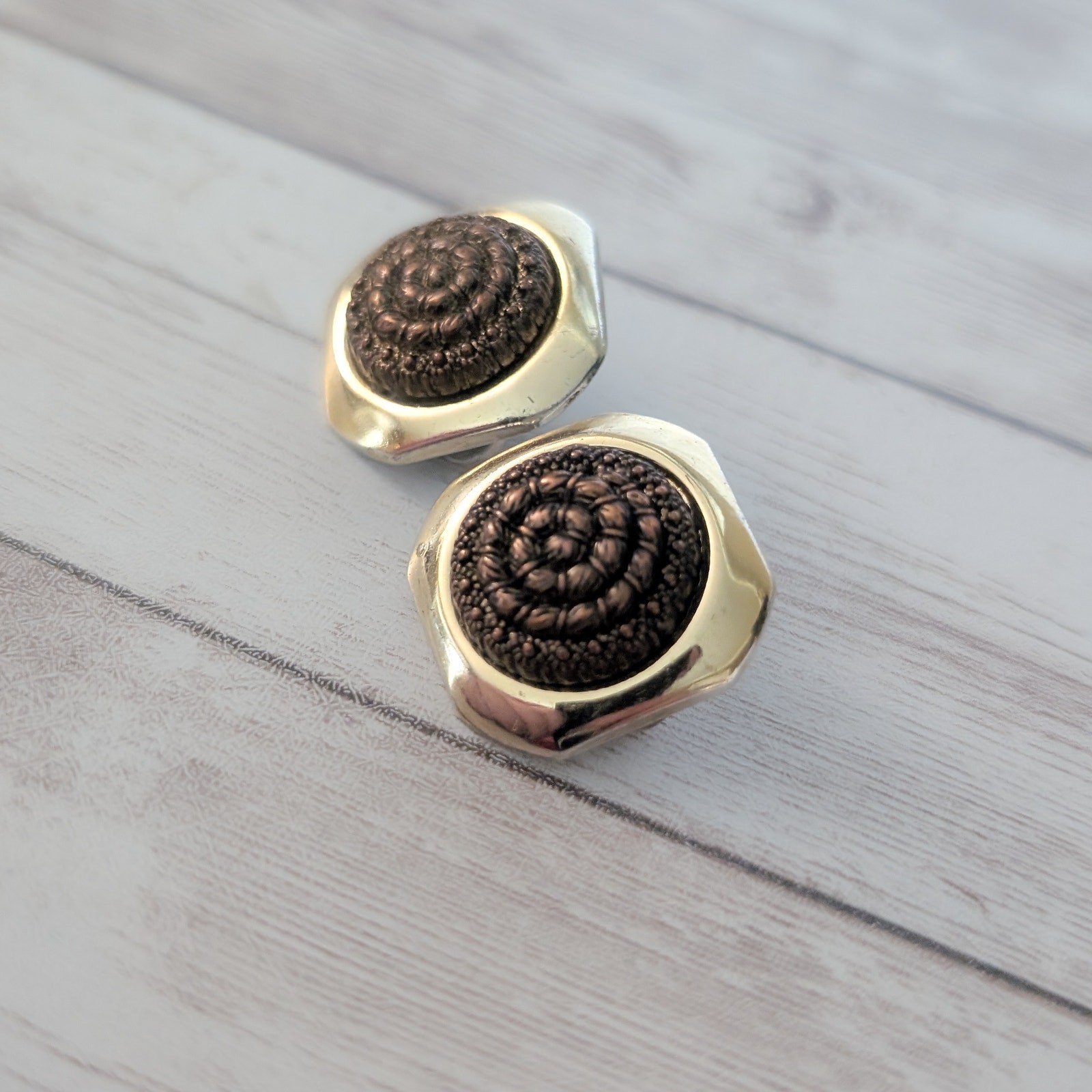 Vintage Clip On Earrings Brown Spiral Center with Gold Tone Unusual Halo