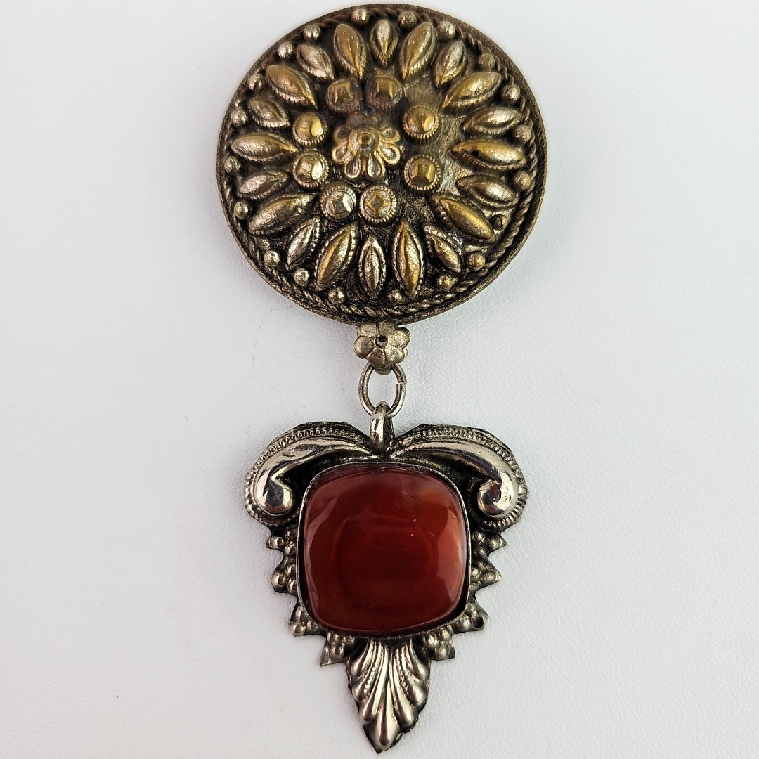 Vintage Ethnic Style Dangle Brooch Silver Tone Glass Cabochon 1930s to 1950s