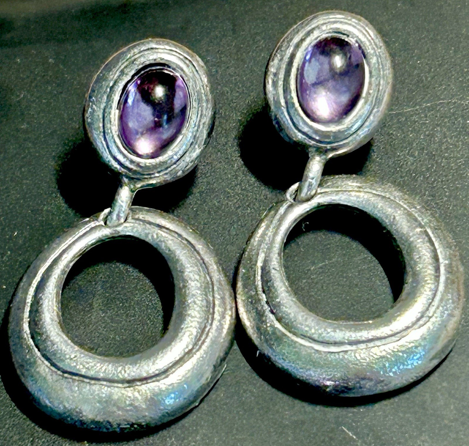 Vntg Sterling Door Knocker Dangle Post Earrings Purple Glass Cabochon 12.85 G