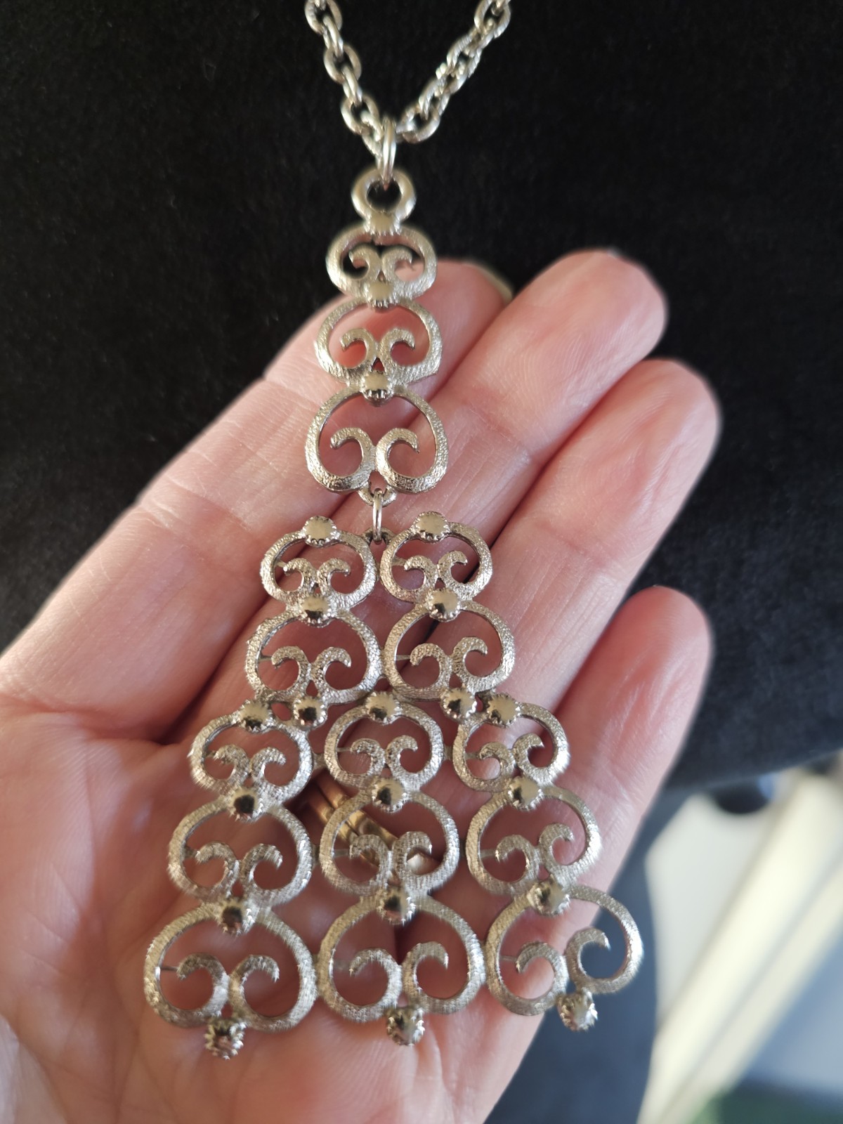 Vintage Brutalist Scroll Tree Pendant Necklace Silvertone Textured Chain