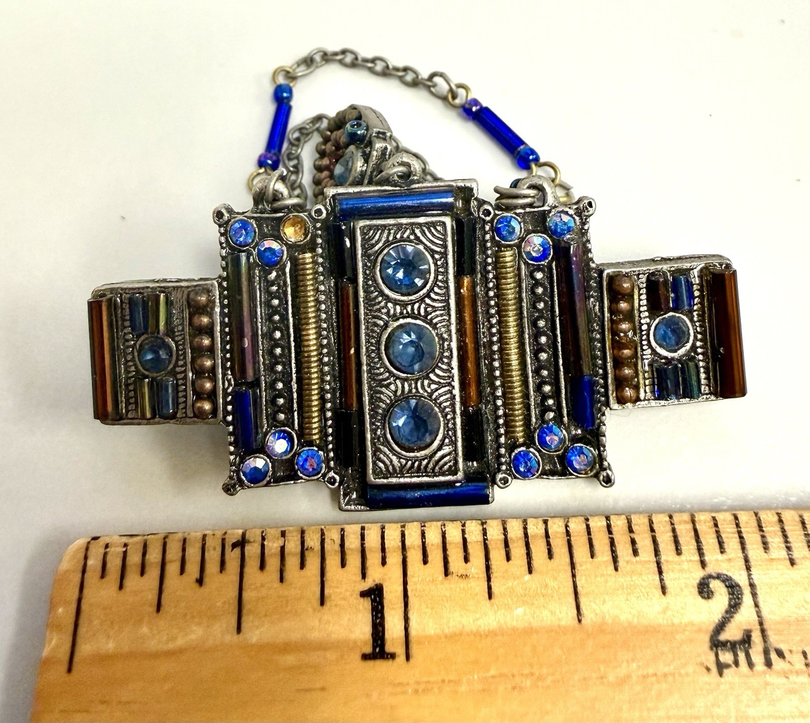 Artisan Statement Brooch Pin Blue Glass Bead Chain Dangle Egyptian Deco Revival