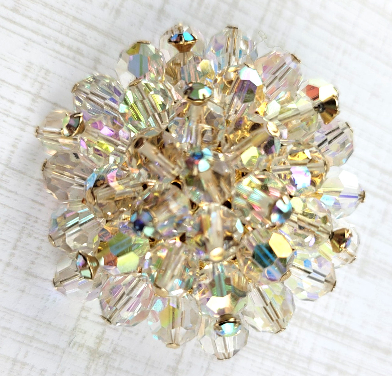 Vintage AB Faceted Crystal Cluster Round Domed Beaded Brooch