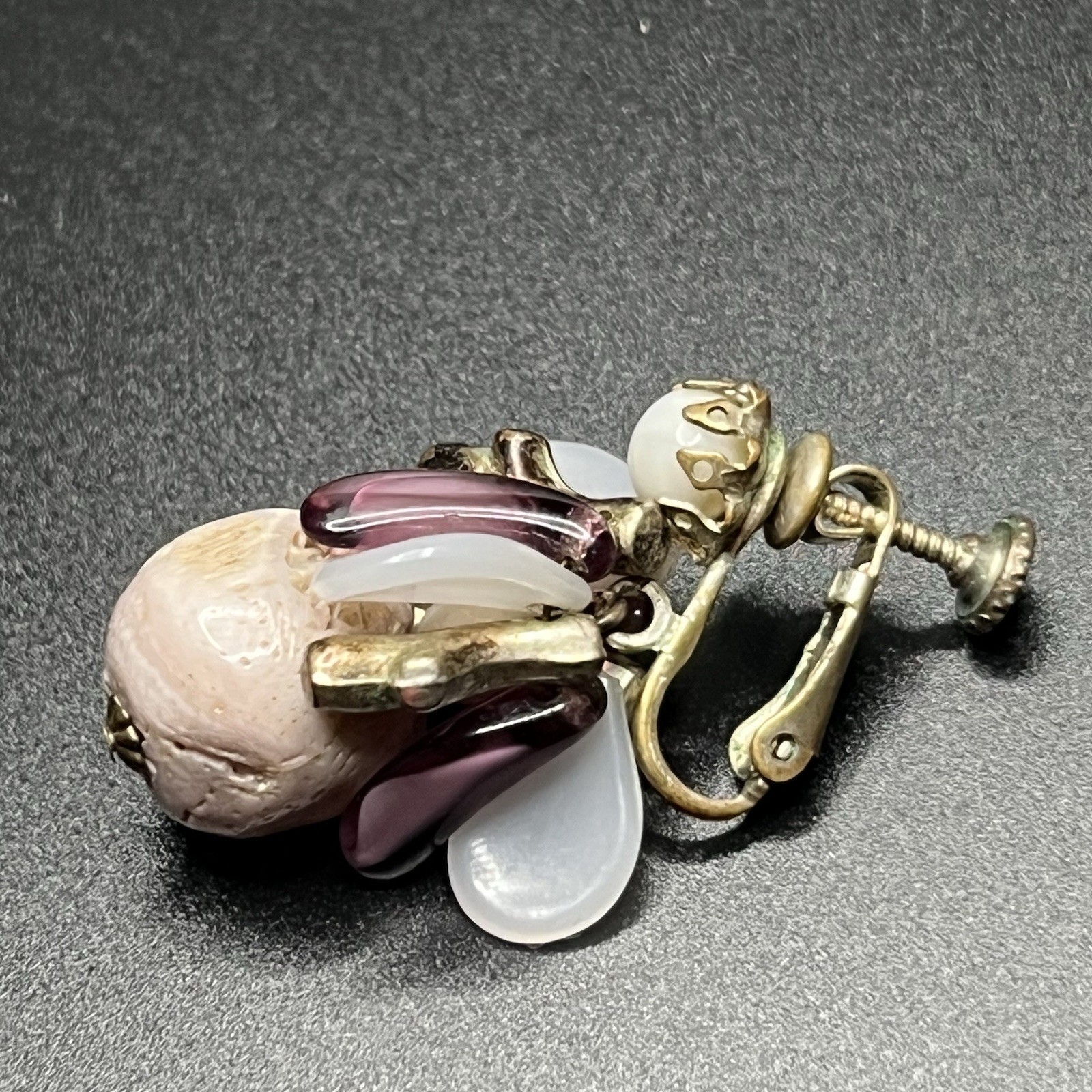 Vintage Miriam Haskell Earrings Gold Tone Dangle Drop Purple Pearl Brass Cluster