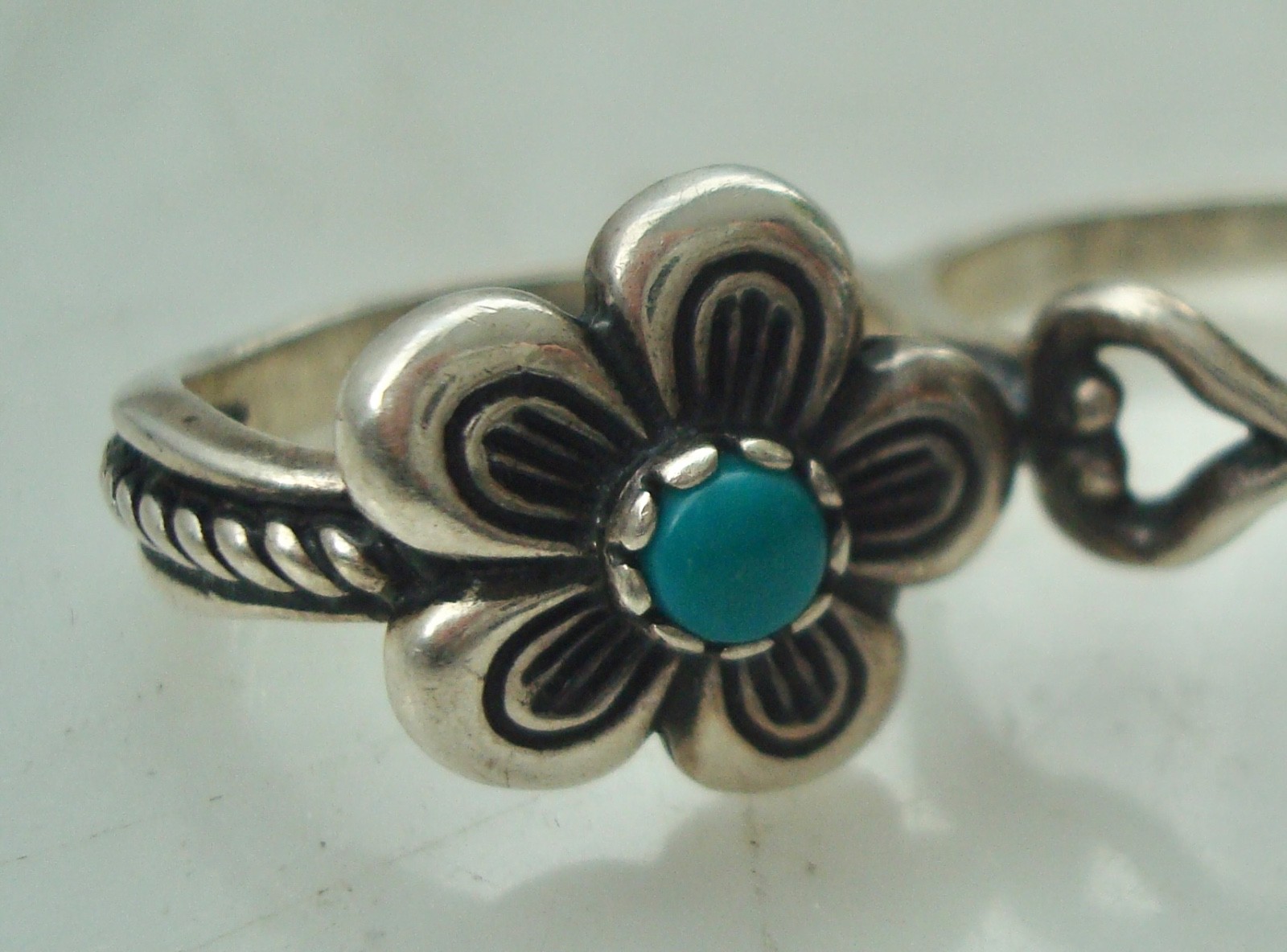 Vintage CAROLYN POLLACK STERLING Silver FLOWER Turquoise DOUBLE RING Size 9/7.5