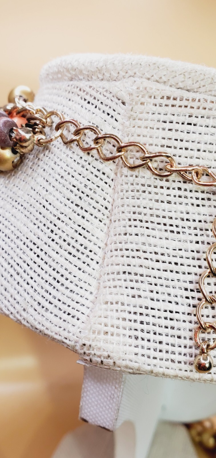 VTG Multi Strand Peach, Brown and Gold Wood and Plastic Beaded Necklace 17″ woo1