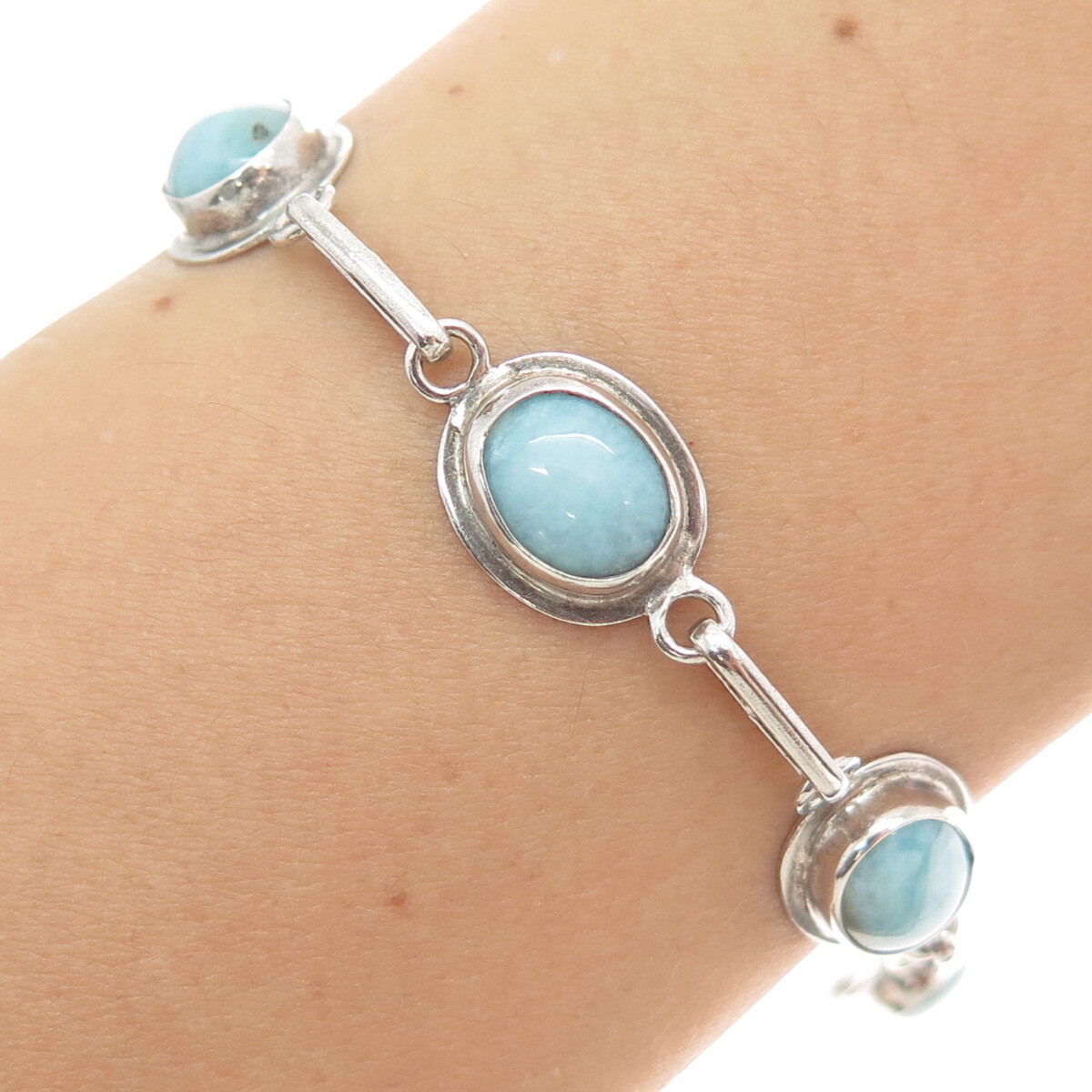 925 Sterling Silver Vintage Real Larimar Station Bar Link Bracelet 7.25″