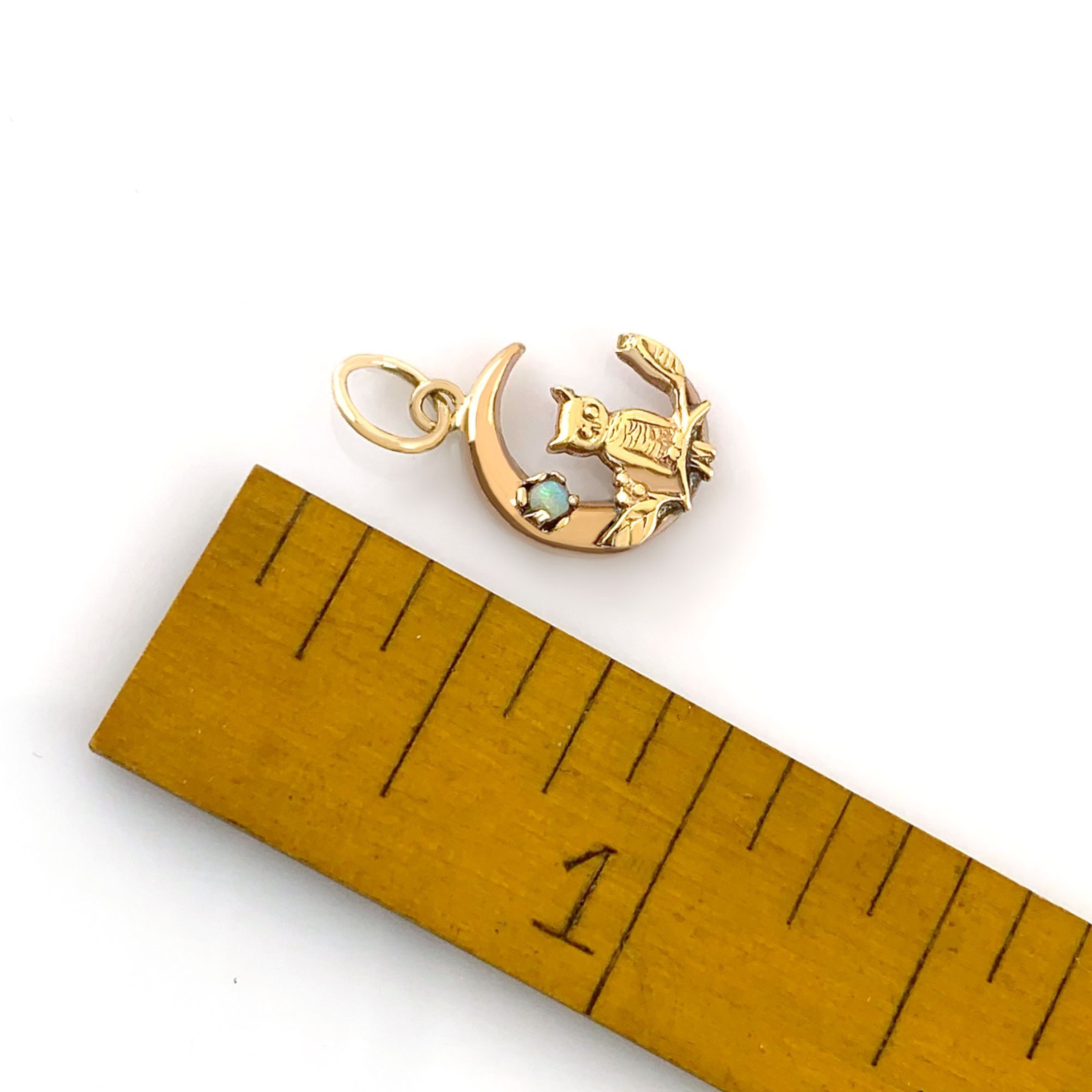Victorian Owl and Opal Crescent Moon Pendant, Antique Gold Charm