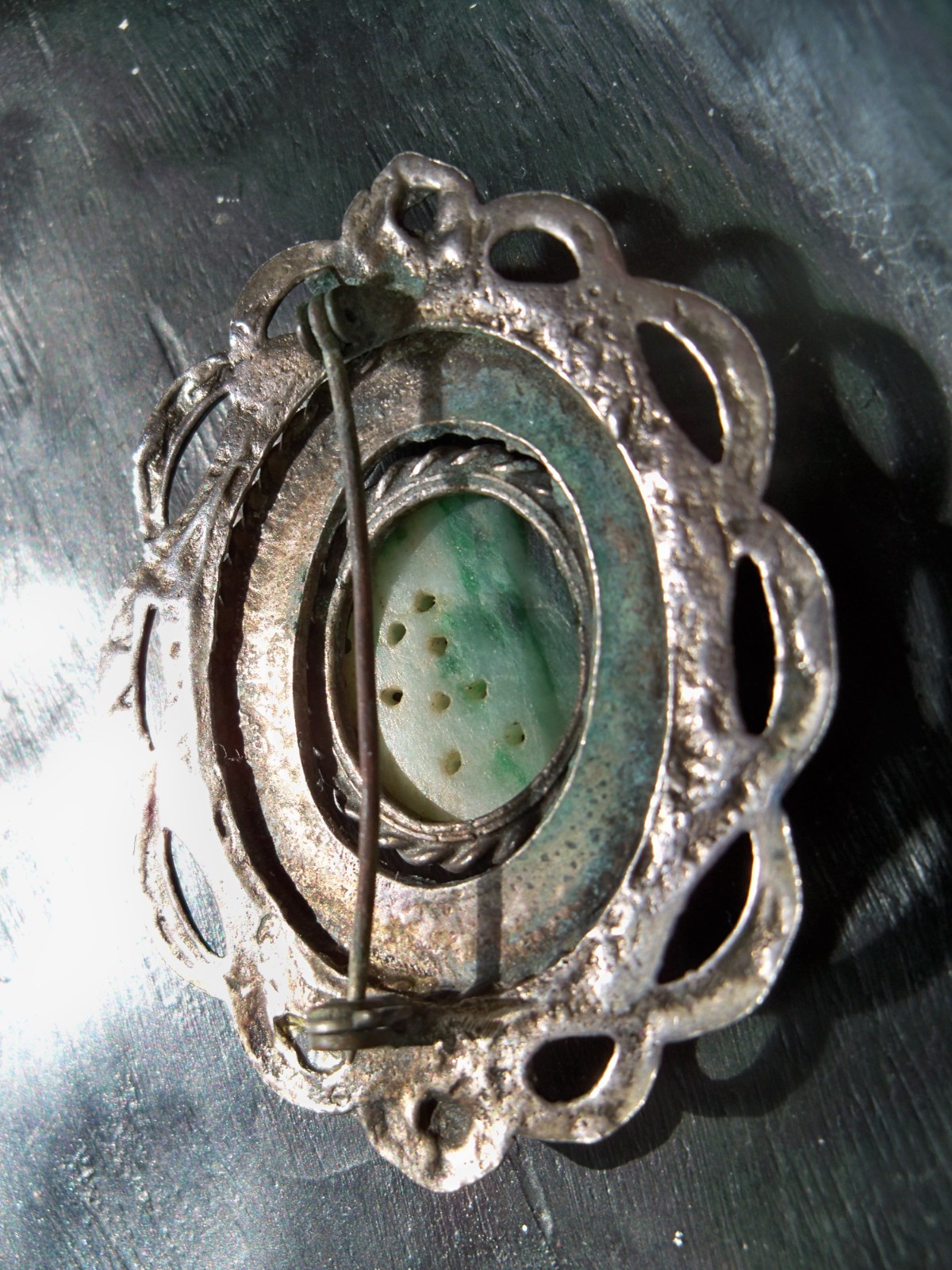 Vintage jewelry Chinese concho apple green jadeite jade Brooch celtic southwest