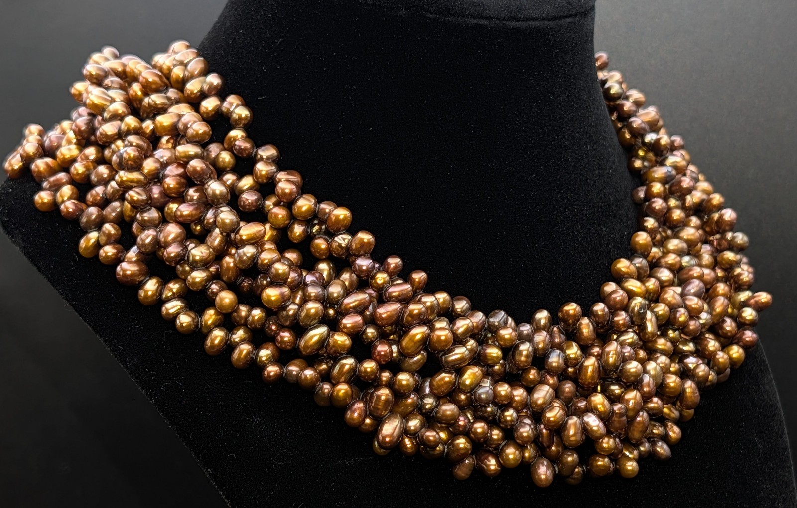 Multi Strand Bronze Freshwater Pearl Torsade Necklace 925 Silver