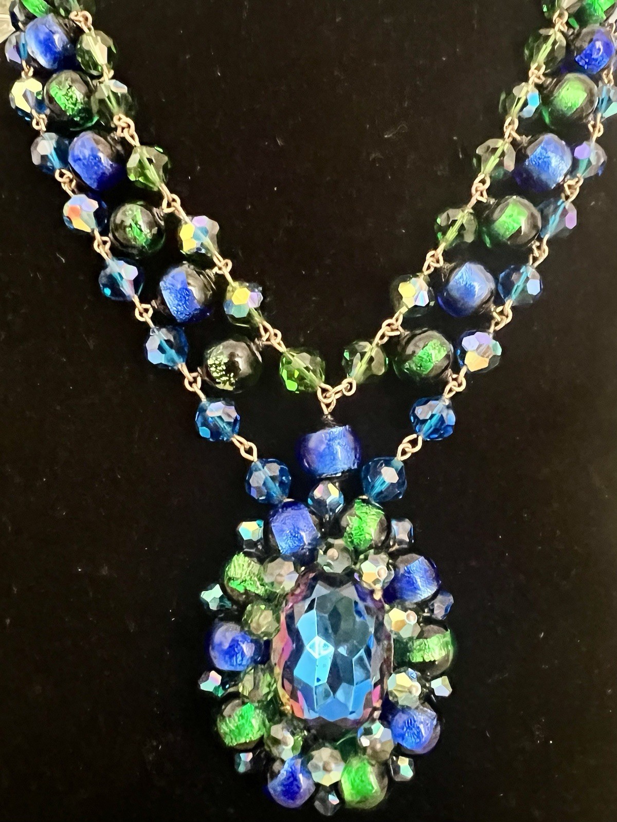 GORGEOUS VTG STATEMENT DESIGNER NECKLACE VENETIAN FOILED BLUE/GREEN GLASS BEADS
