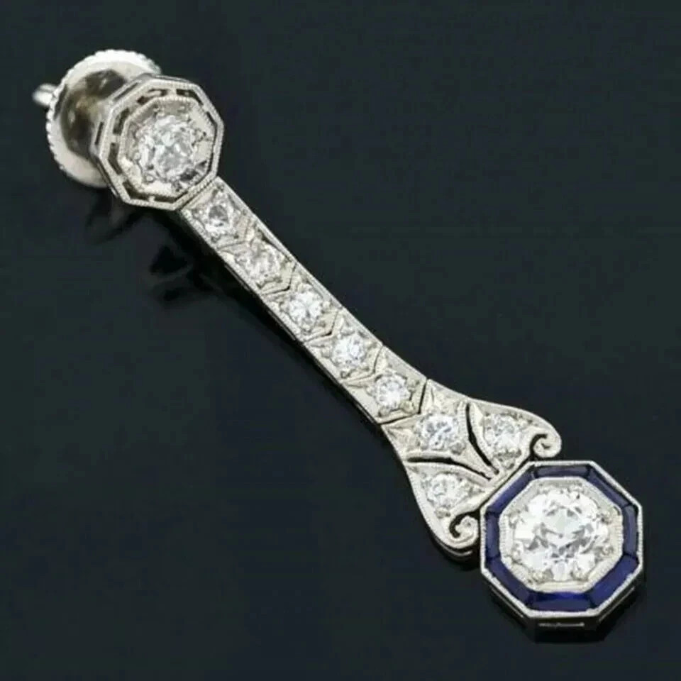 14K White Gold FN Art Deco Style Lab Created Diamond & Sapphire Drop Earrings