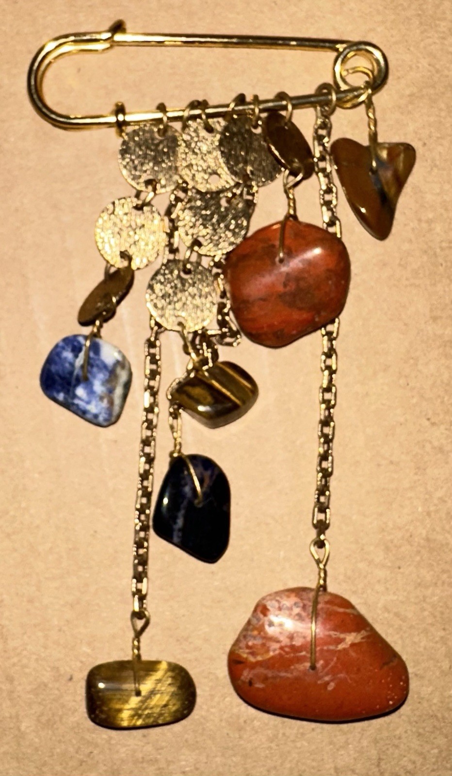 Vtg Gold-Tone Statement Brooch Featuring Dangling Genuine Stones & Metal Discs.