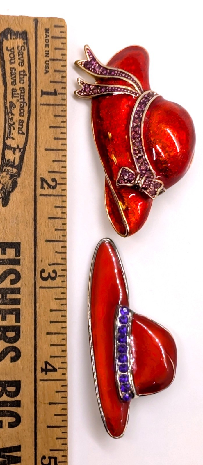 Vintage Red Hat Society Set of Two Red Enamel Purple Rhinestone Ribbon Brooches
